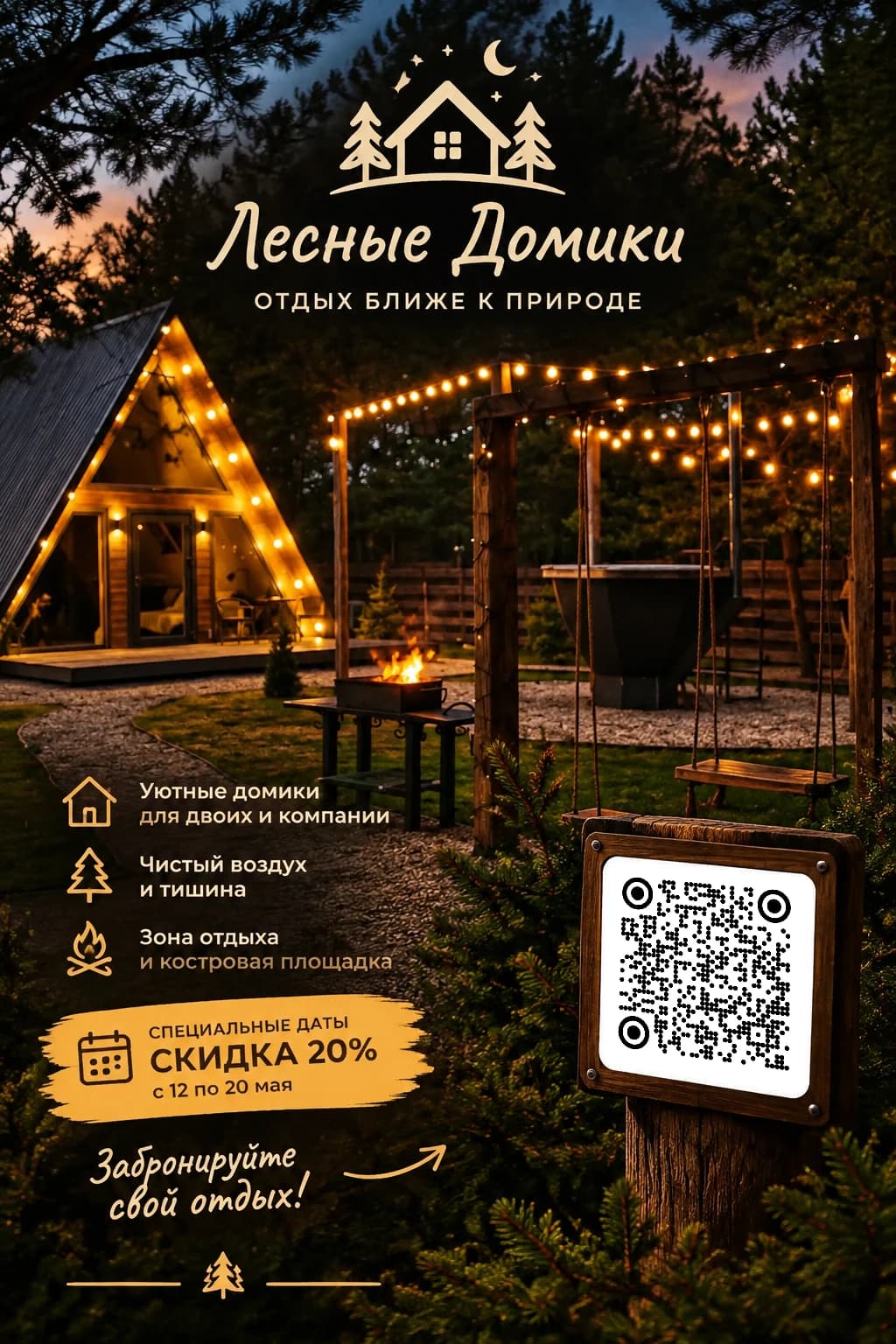 ИИ-фото: афиша базы отдыха «Лесные домики» с гирляндами, костром и QR-кодом на табличке
