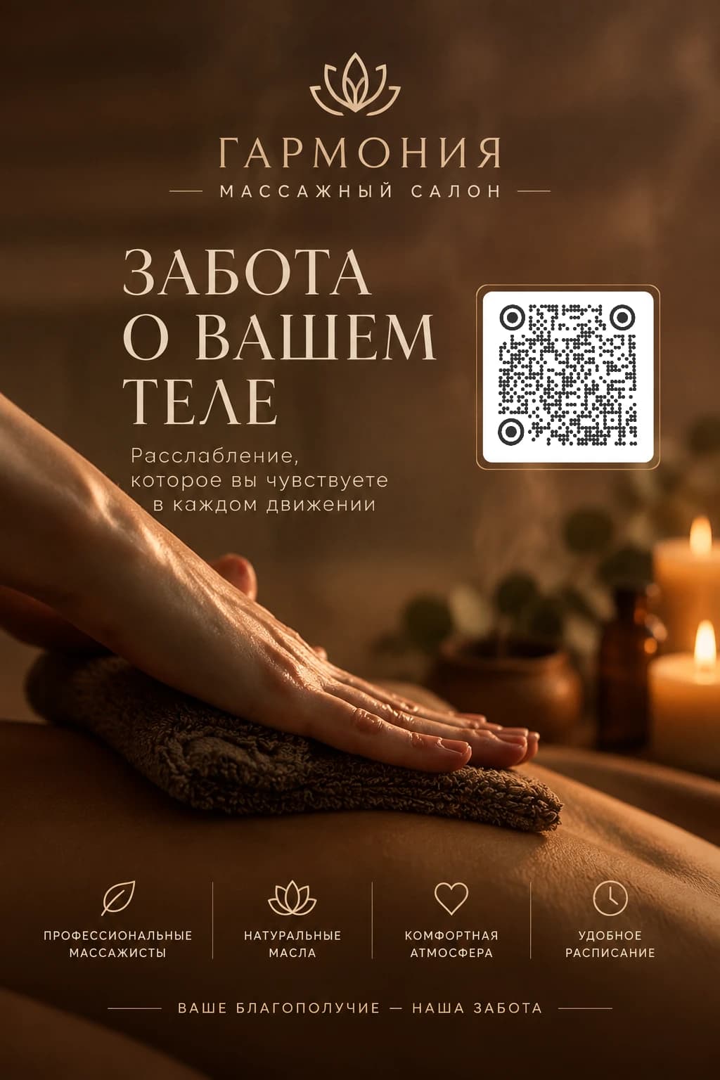 ИИ-фото: афиша массажного салона «Гармония» с QR-кодом и надписью «Забота о вашем теле»