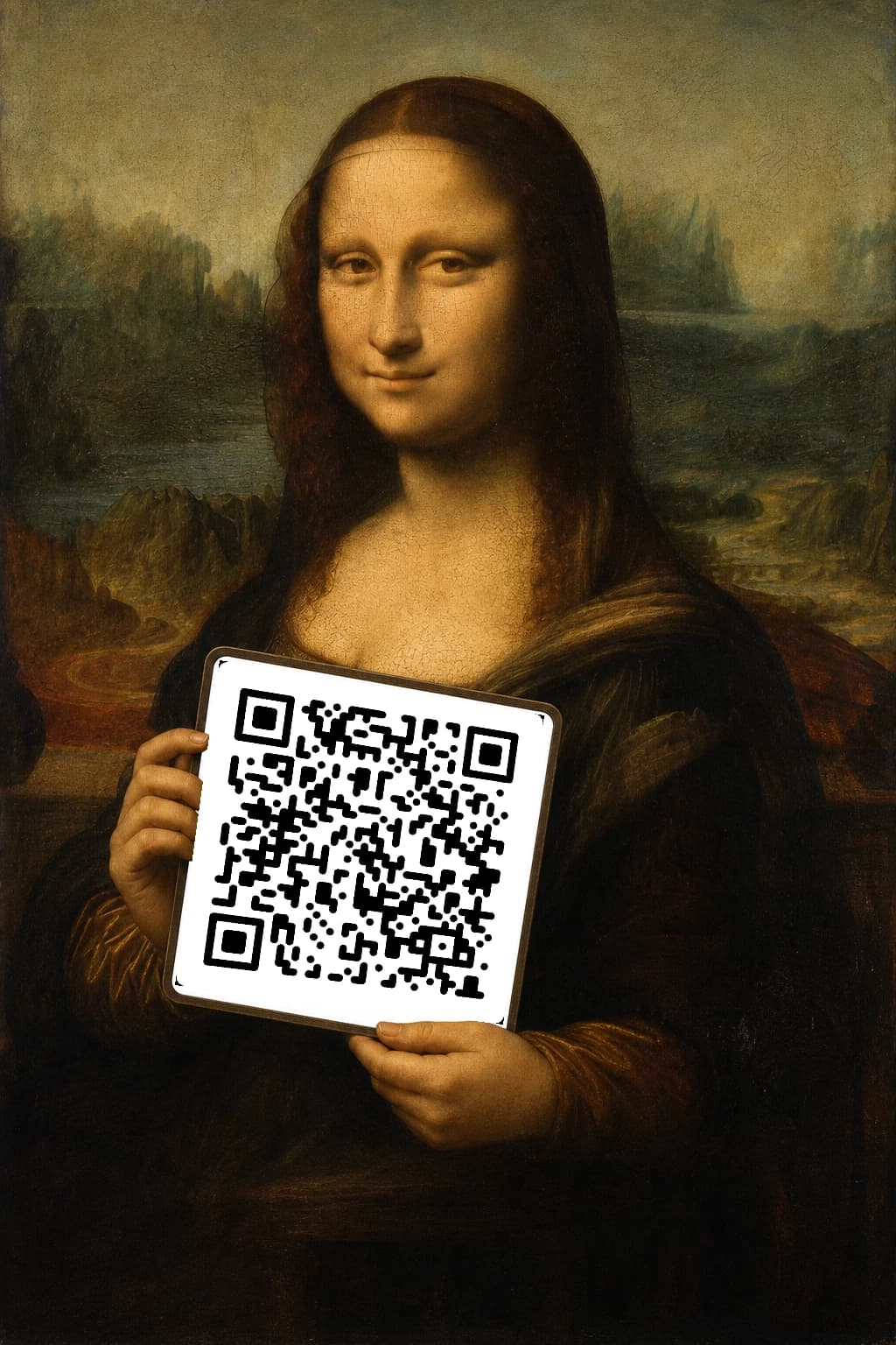 ИИ-фото: портрет в стиле Моны Лизы с табличкой с QR-кодом в руках