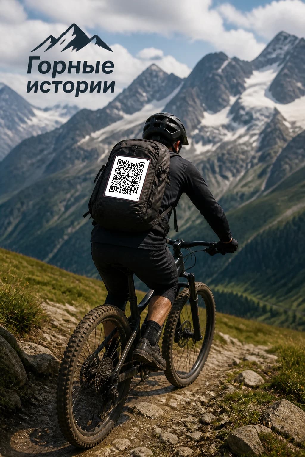 ИИ-фото: велосипедист в горах с QR-кодом на рюкзаке и логотипом «Горные истории»