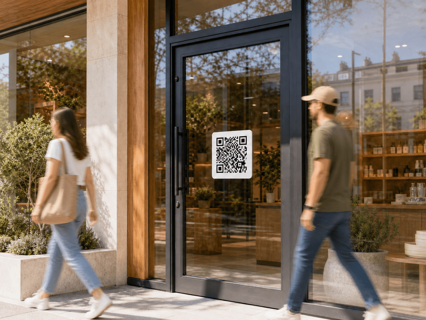QR-код на стеклянной двери современного фасада